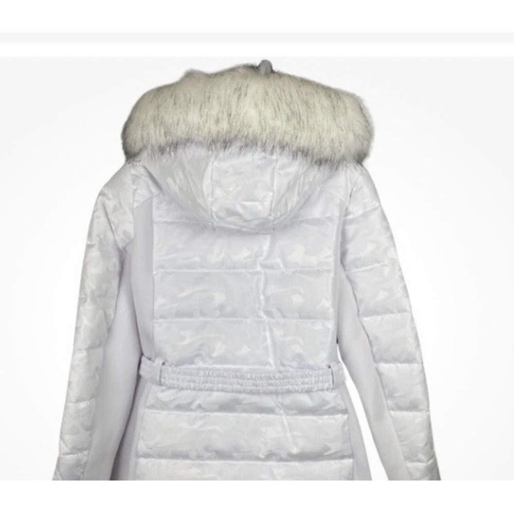 Michael Kors Puffer Jacket Detachable Hood MK Belt Camo White Faux Fur Trim Logo - Picture 4 of 14